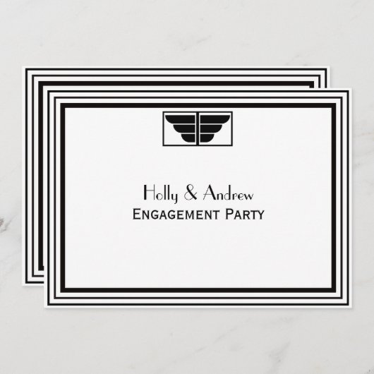 ヴィンテージアールデコ白黒フレーム#2 H婚約 招待状 (正面/裏面)