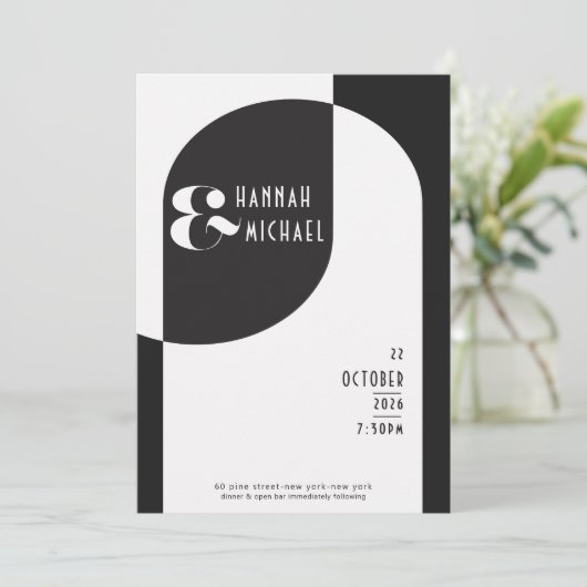 ヴィンテージアールデコ結婚ズホワイトブラック招待状 招待状 (スタンド正面)