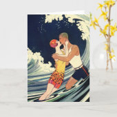 ヴィンテージアールデコ、恋人キスアットザビーチ カード (黄色い花)