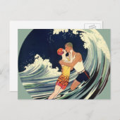 ヴィンテージアールデコ、恋人キスアットザビーチ ポストカード (正面/裏面)