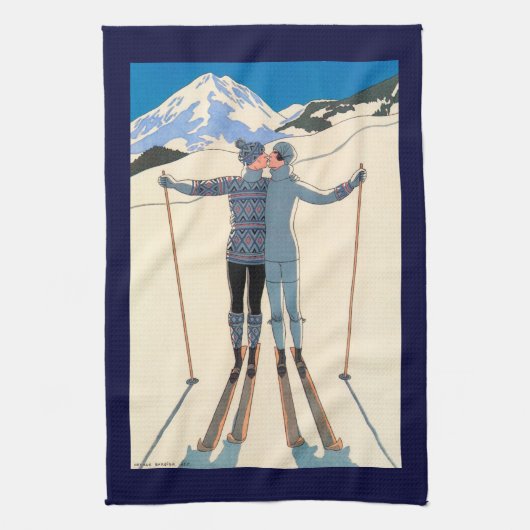 ヴィンテージアールデコ、雪の恋人by George Barbier キッチンタオル (縦)