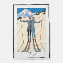 ヴィンテージアールデコ、雪の恋人by George Barbier キッチンタオル