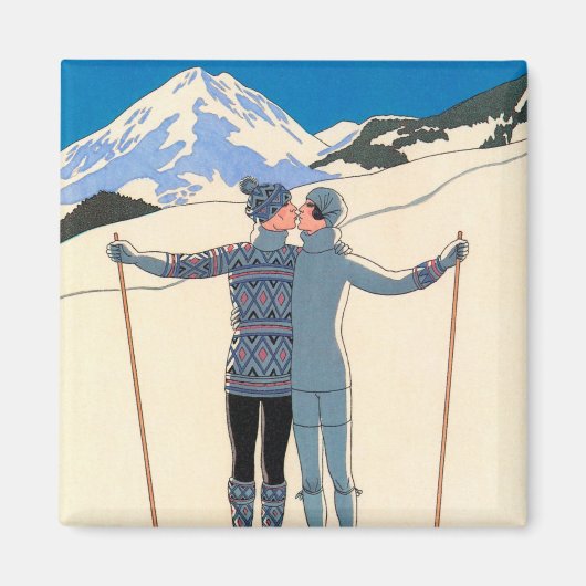 ヴィンテージアールデコ、雪の恋人by George Barbier マグネット (正面)