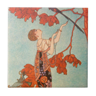 ヴィンテージアールデコ、Flighty Bird by George Barbier タイル