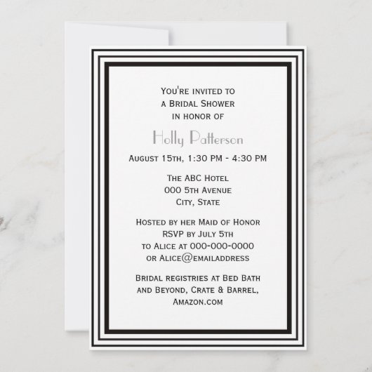ヴィンテージアールデコBlk Whtフレーム#1 Vブライダルシャワー 招待状 (裏面)
