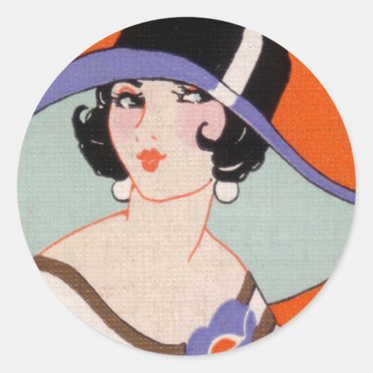 ヴィンテージアールデコLADY WITH HAT STICKERS 6 ラウンドシール (正面)