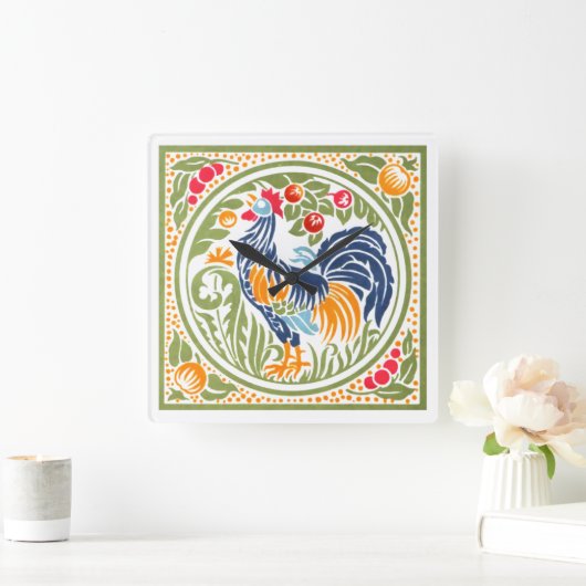 ヴィンテージアールヌーボーの鶏と果物 スクエア壁時計 (ホーム)