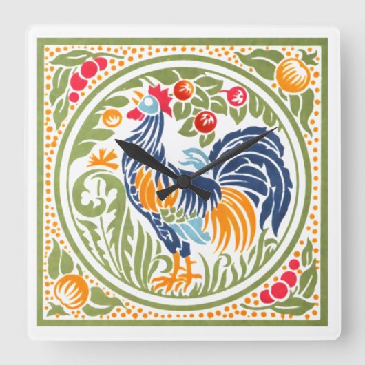 ヴィンテージアールヌーボーの鶏と果物 スクエア壁時計 (正面)