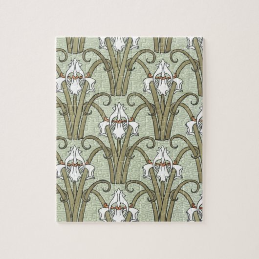ヴィンテージアールヌーボーアイリスの花in庭 ジグソーパズル (縦)