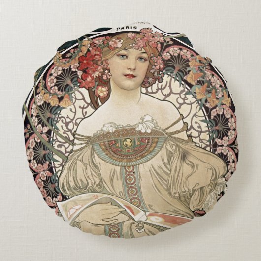 ヴィンテージアールヌーボーアルフォンスミュシャアー絵画ト ラウンドクッション (裏面)