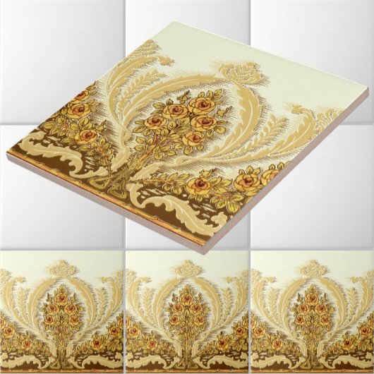 ヴィンテージアールヌーボーイエローローズブッシュフリーズ タイル