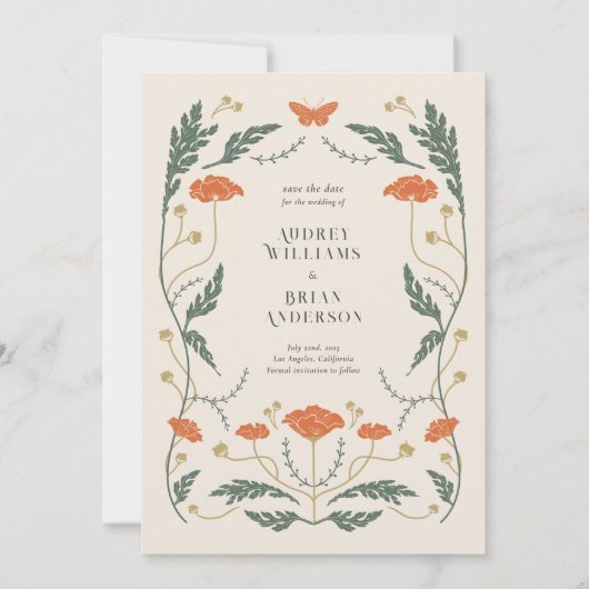 ヴィンテージアールヌーボーウェディング日付カードを保存 セーブザデート (正面)