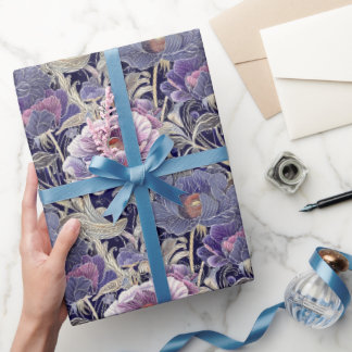 ヴィンテージアールヌーボーエレガントパープル&ピンクフローラ ラッピングペーパー