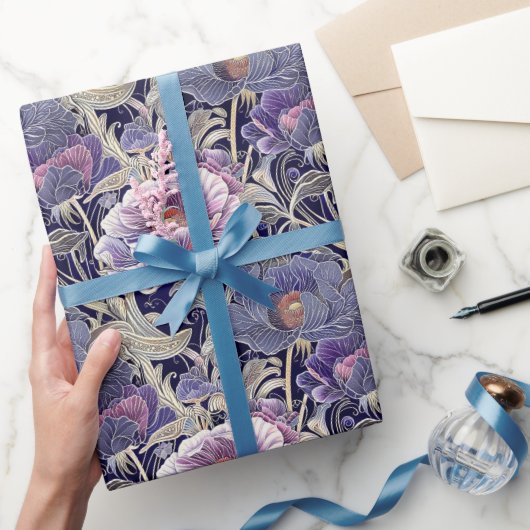 ヴィンテージアールヌーボーエレガントパープル&ピンクフローラ ラッピングペーパー (ギフト)