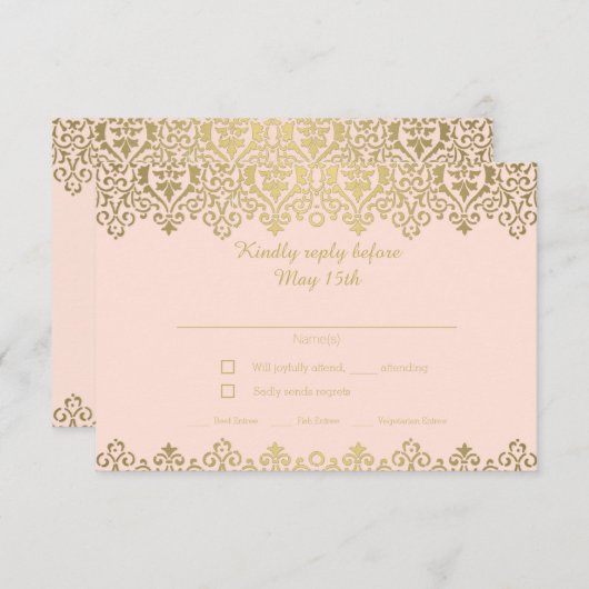 ヴィンテージアールヌーボーエレガント赤面ピンクアンド金ゴールド 出欠カード (正面/裏面)