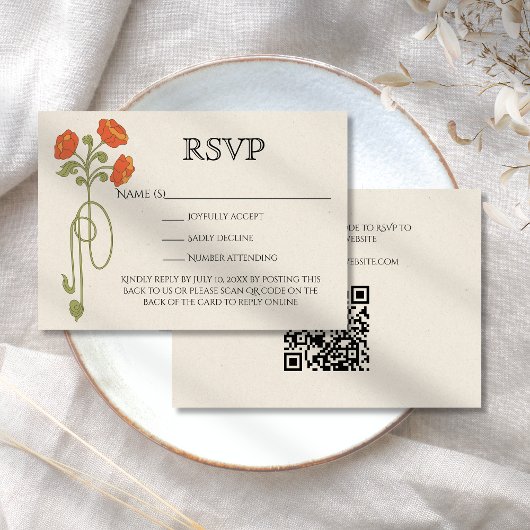 ヴィンテージアールヌーボーオレンジ緑の花QRコード 出欠カード