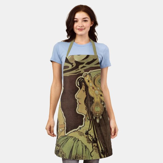 ヴィンテージアールヌーボーカフェラジャ、コーヒーを持つ女性 エプロン (着用した状態)