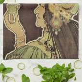 ヴィンテージアールヌーボーカフェラジャ、コーヒーを持つ女性 キッチンタオル (折り畳み)