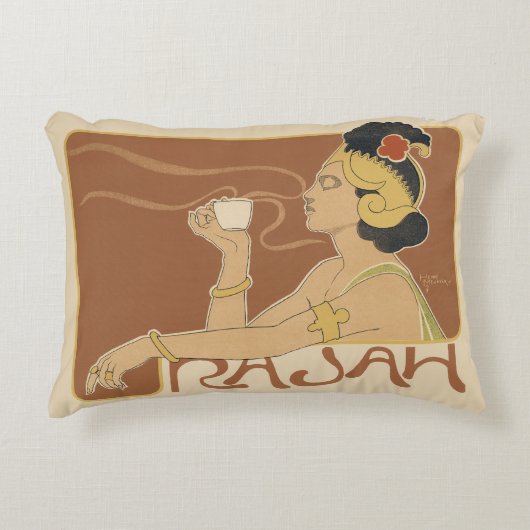 ヴィンテージアールヌーボーカフェラジャ、レディーウィズコーヒー アクセントクッション (正面)