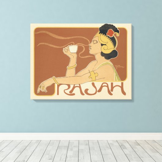 ヴィンテージアールヌーボーカフェラジャ、レディーウィズコーヒー キャンバスプリント (インサイチュ (ウッドフロア))