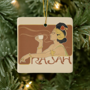 ヴィンテージアールヌーボーカフェラジャ、レディーウィズコーヒー セラミックオーナメント