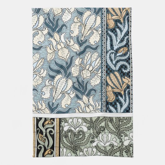 ヴィンテージアールヌーボーガーデンアイリスフラワー キッチンタオル (縦)