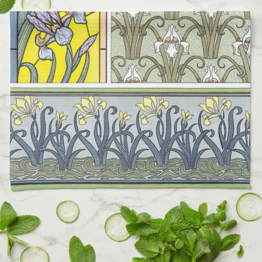 ヴィンテージアールヌーボーガーデンアイリスフラワー キッチンタオル (折り畳み)