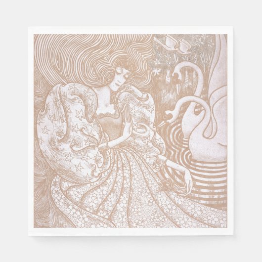 ヴィンテージアールヌーボークリームフローラウーマン&スワンス スタンダードランチョンナプキン (正面)