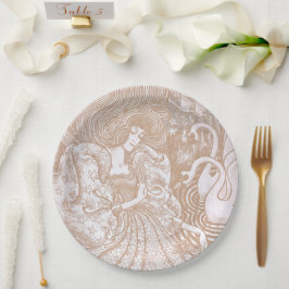ヴィンテージアールヌーボークリームフローラウーマン&スワンス ペーパープレート