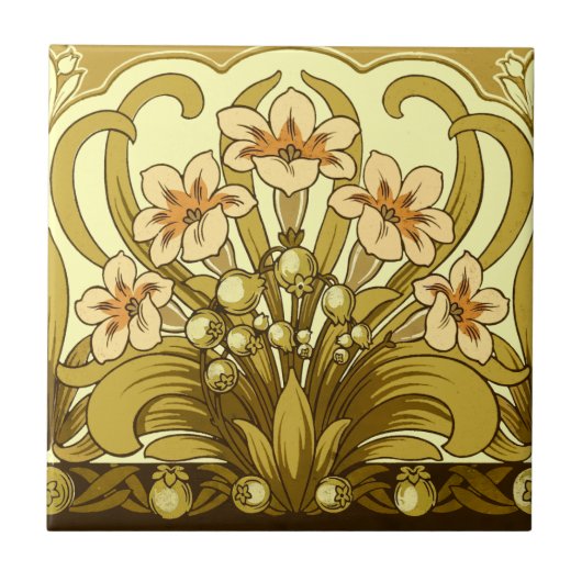 ヴィンテージアールヌーボーグロキシニアフラワーフリーズ タイル (正面)