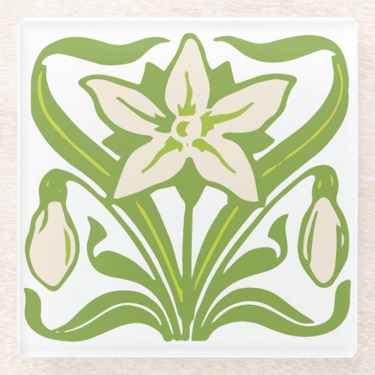 ヴィンテージアールヌーボースノードロップフローラ壁紙 ガラスコースター (正面)