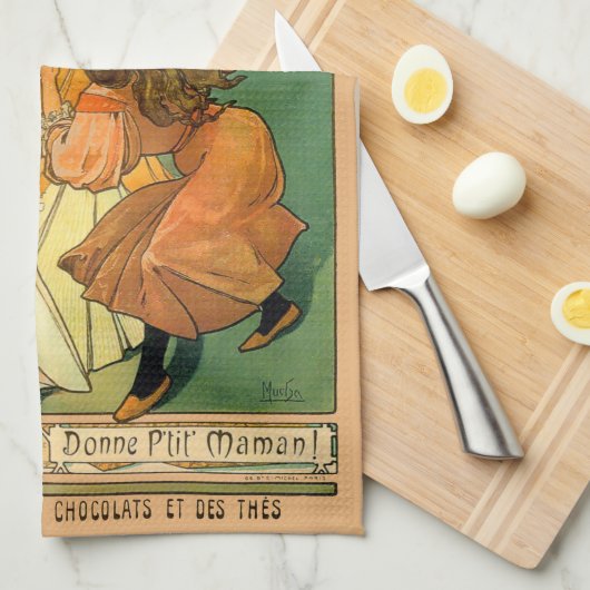 ヴィンテージアールヌーボーチョコレートアドバイアルフォンスミュシャ キッチンタオル (四つ折り)