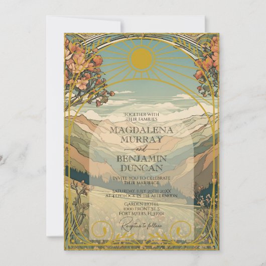 ヴィンテージアールヌーボーデコ自然QRウェブサイ結婚ト 招待状 (正面)