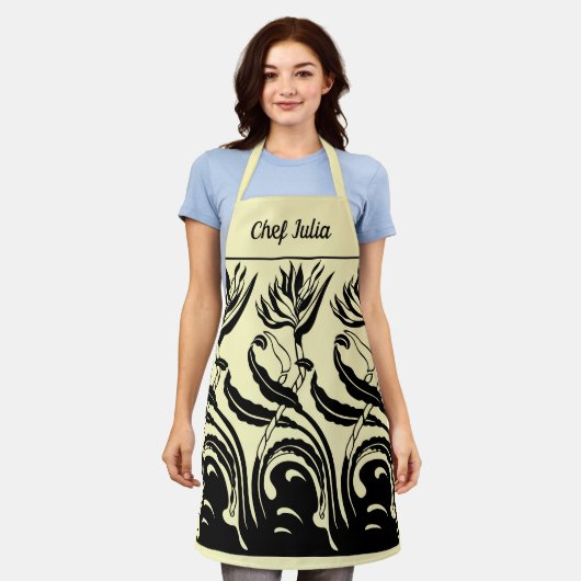 ヴィンテージアールヌーボーバードオブパラダイスフラワー エプロン (着用した状態)