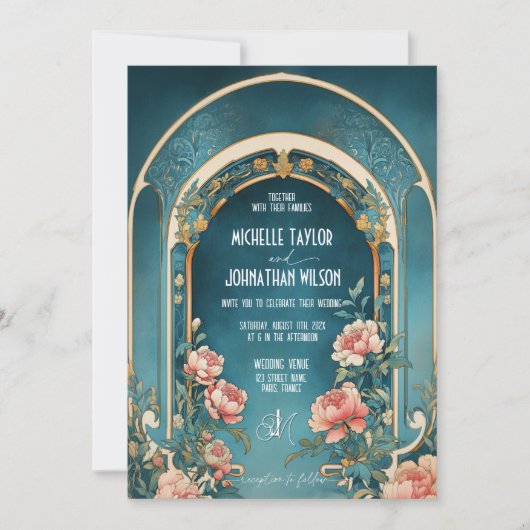 ヴィンテージアールヌーボーピンクペオニーズアルフォンスミュシャ 招待状 (正面)