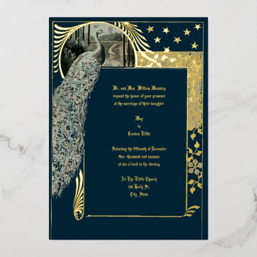 ヴィンテージアールヌーボーピーコック 箔招待状 (正面)