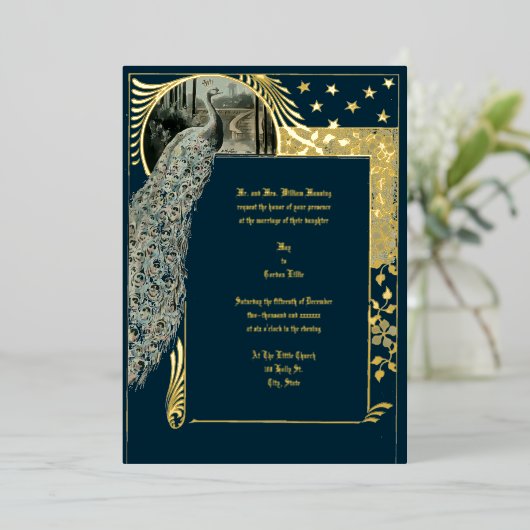 ヴィンテージアールヌーボーピーコック 箔招待状 (立ち正面)