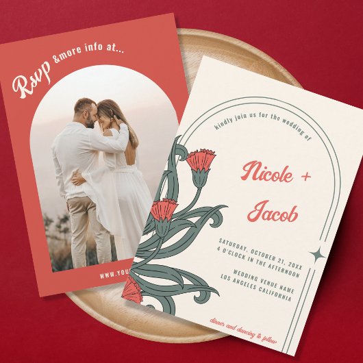 ヴィンテージアールヌーボーフォークフローラボホレトロ結婚ズ 招待状