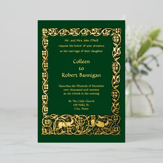 ヴィンテージアールヌーボーフローラの葉と鹿縁ど 箔招待状 (立ち正面)