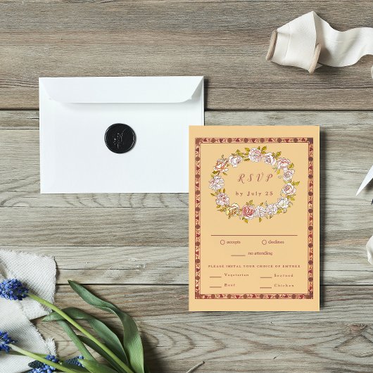 ヴィンテージアールヌーボーフローラウェディングRSVPカード 出欠カード