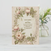 ヴィンテージアールヌーボーフローラオリーブグリーン結婚ズ 招待状 (スタンド正面)