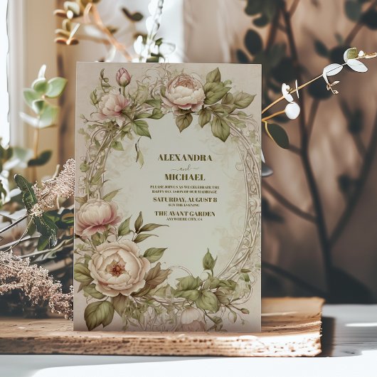 ヴィンテージアールヌーボーフローラオリーブグリーン結婚ズ 招待状