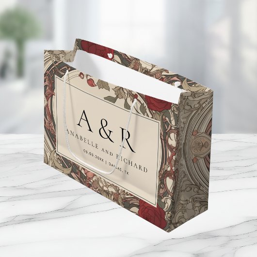 ヴィンテージアールヌーボーフローラクリームバーグンディ結婚ズ ラージペーパーバッグ