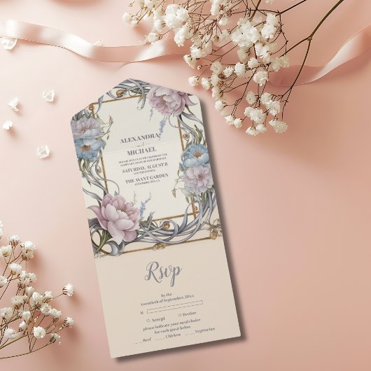 ヴィンテージアールヌーボーフローラパープル結婚ズ オールインワン招待状