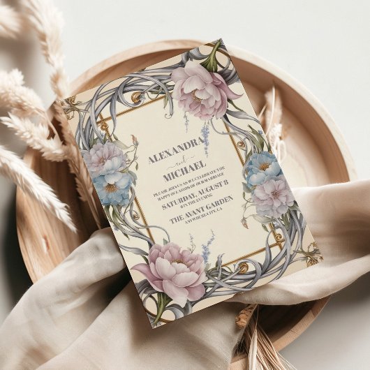 ヴィンテージアールヌーボーフローラパープル結婚ズ 招待状