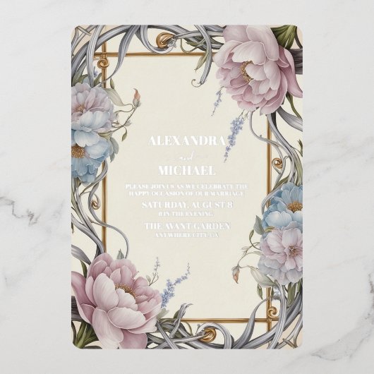 ヴィンテージアールヌーボーフローラパープル結婚ズ 箔招待状 (正面)