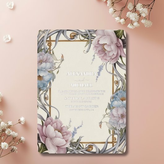 ヴィンテージアールヌーボーフローラパープル結婚ズ 箔招待状