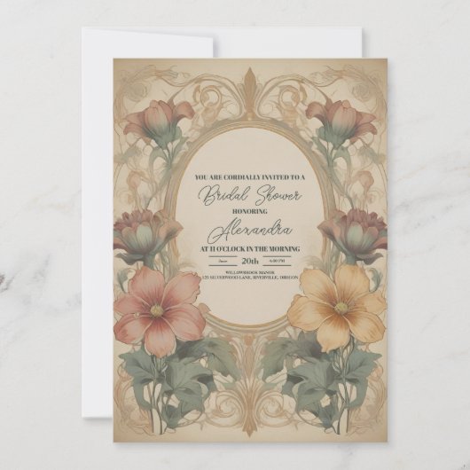 ヴィンテージアールヌーボーフローラブライダルシャワー 招待状 (正面)