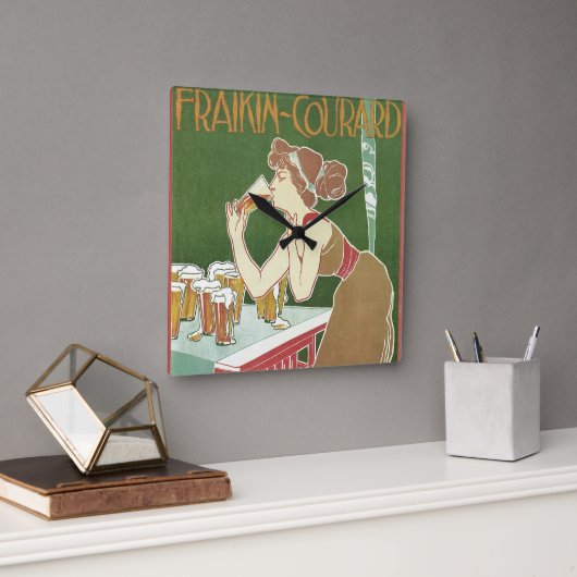 ヴィンテージアールヌーボーブラッスリーフレイキンコートビール スクエア壁時計 (オフィス)