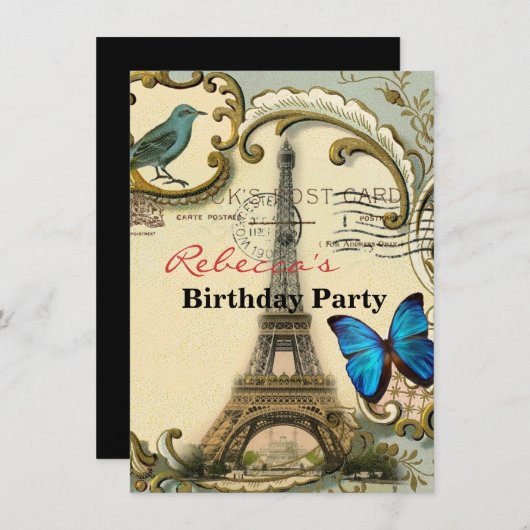 ヴィンテージアールヌーボーブルーがパリのエッフェル塔を旋回 招待状 (正面/裏面)